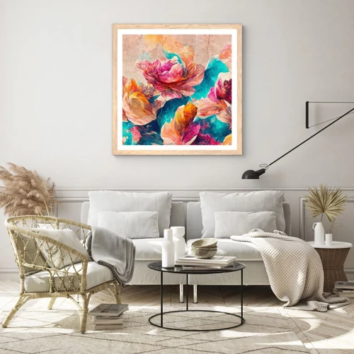 Poster in light oak frame - Colourful Splendour of a Bouquet - 50x50 cm