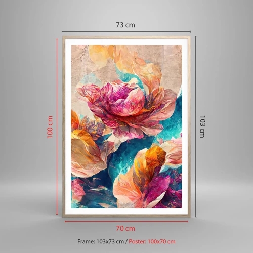 Poster in light oak frame - Colourful Splendour of a Bouquet - 70x100 cm