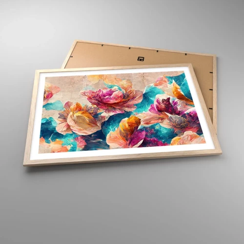 Poster in light oak frame - Colourful Splendour of a Bouquet - 70x50 cm