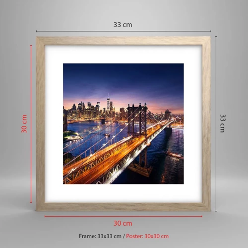 Poster in light oak frame - Down the Illuminated Bridge - 30x30 cm