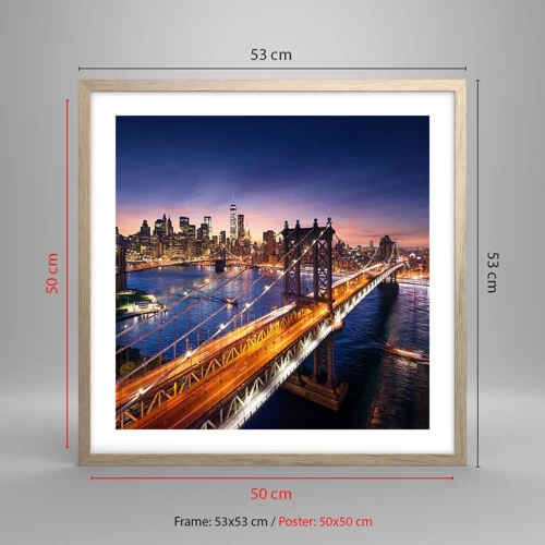 Poster in light oak frame - Down the Illuminated Bridge - 50x50 cm