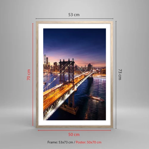 Poster in light oak frame - Down the Illuminated Bridge - 50x70 cm