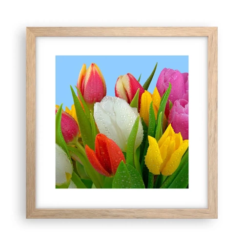 Poster in light oak frame - Floral Rainbow in Dew Drops - 30x30 cm