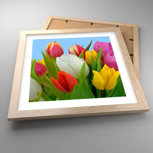 Poster in light oak frame - Floral Rainbow in Dew Drops - 30x30 cm