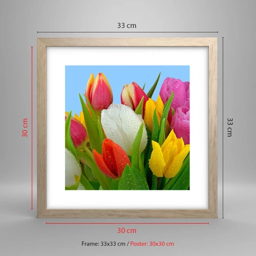 Poster in light oak frame - Floral Rainbow in Dew Drops - 30x30 cm