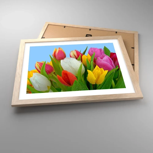 Poster in light oak frame - Floral Rainbow in Dew Drops - 40x30 cm