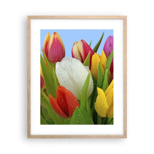 Poster in light oak frame - Floral Rainbow in Dew Drops - 40x50 cm