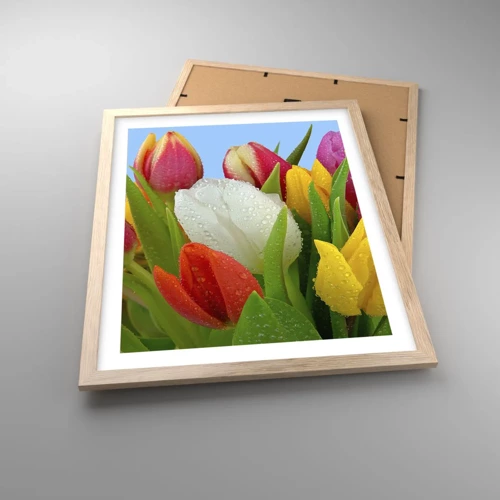 Poster in light oak frame - Floral Rainbow in Dew Drops - 40x50 cm