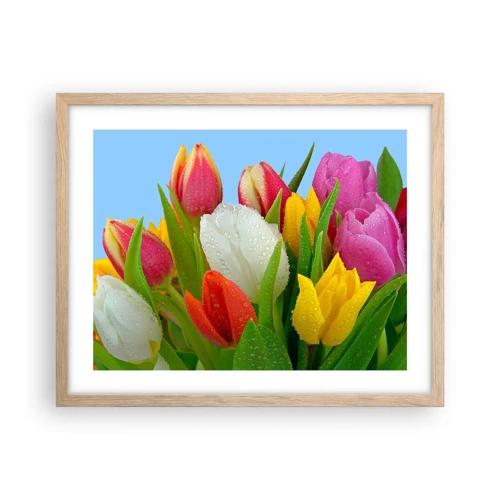 Poster in light oak frame - Floral Rainbow in Dew Drops - 50x40 cm