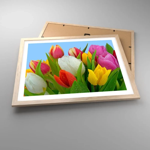 Poster in light oak frame - Floral Rainbow in Dew Drops - 50x40 cm