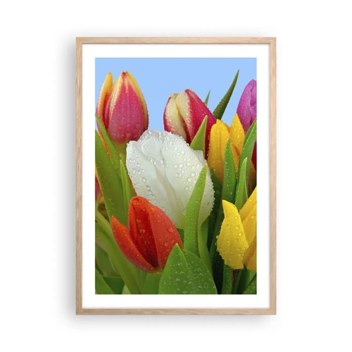 Poster in light oak frame - Floral Rainbow in Dew Drops - 50x70 cm