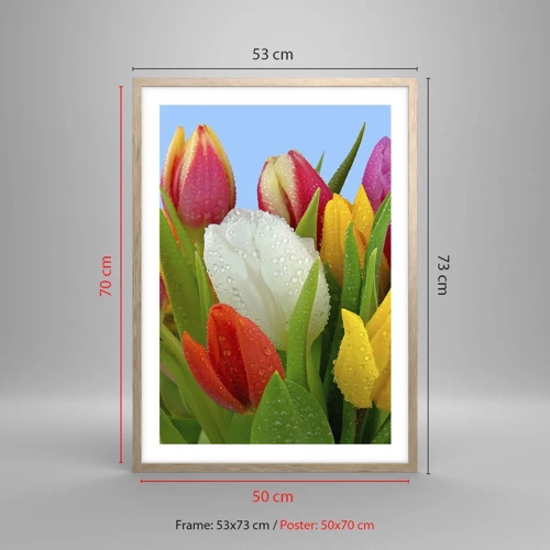 Poster in light oak frame - Floral Rainbow in Dew Drops - 50x70 cm