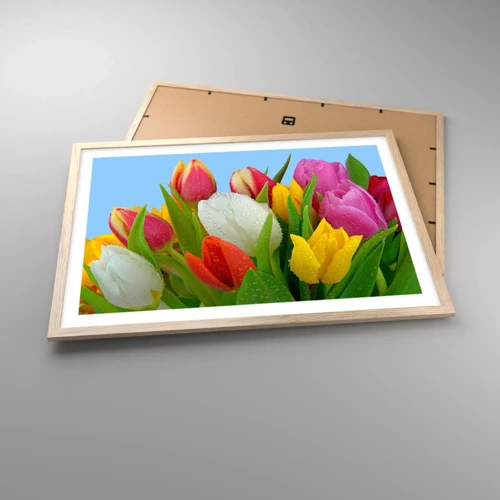 Poster in light oak frame - Floral Rainbow in Dew Drops - 70x50 cm