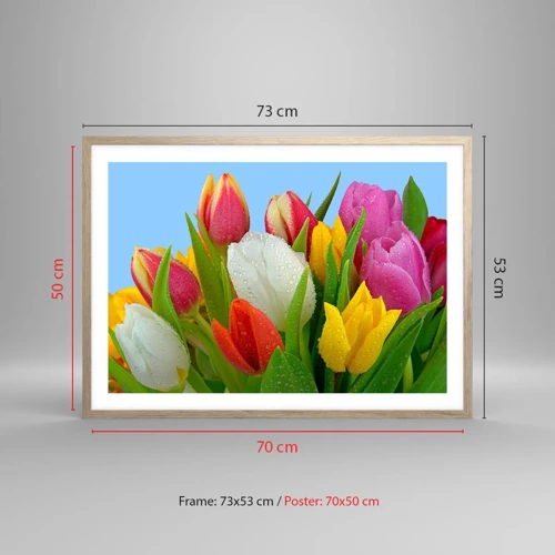 Poster in light oak frame - Floral Rainbow in Dew Drops - 70x50 cm