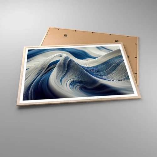 Poster in light oak frame - Fluidity of Blue and White - 100x70 cm