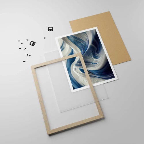 Poster in light oak frame - Fluidity of Blue and White - 50x70 cm