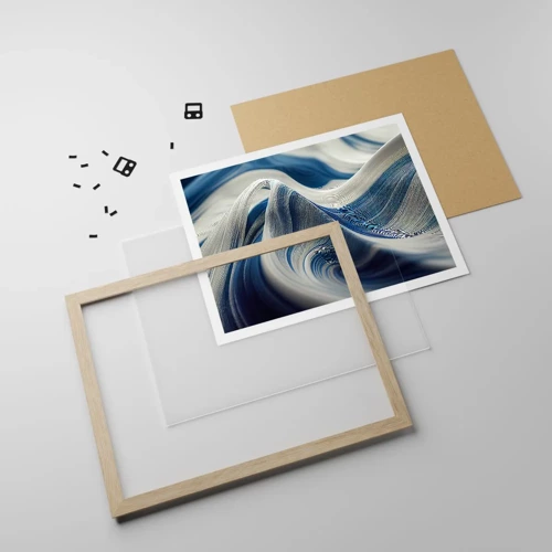 Poster in light oak frame - Fluidity of Blue and White - 70x50 cm