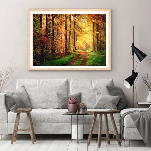 Poster in light oak frame - Forest Golden silence - 40x30 cm