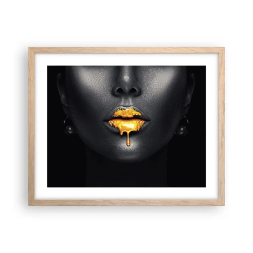 Poster in light oak frame - Golden Lips - 50x40 cm