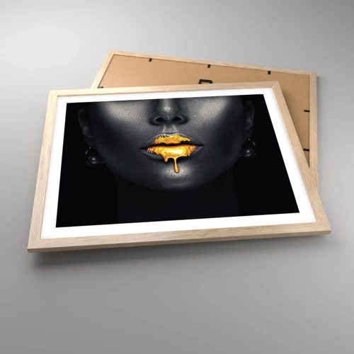 Poster in light oak frame - Golden Lips - 50x40 cm