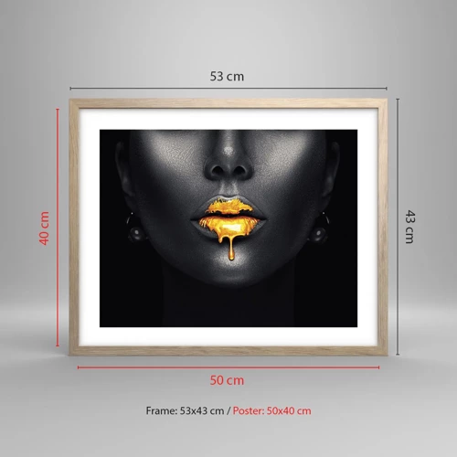 Poster in light oak frame - Golden Lips - 50x40 cm