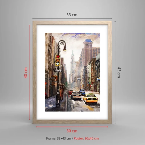 Poster in light oak frame - New York - Colourful in Rain - 30x40 cm