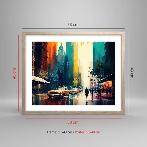 Poster in light oak frame - New York - Even Rain Is Colourful - 50x40 cm