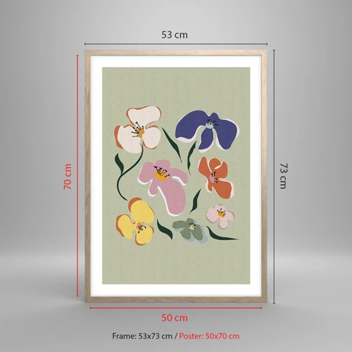 Poster in light oak frame - Pansies in a Row - 50x70 cm