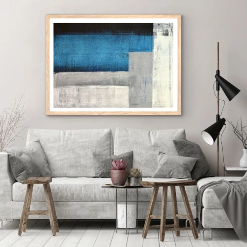 Poster in light oak frame - Poetic Composition of Blue and Grey - 100x70 cm