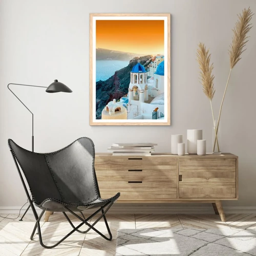 Poster in light oak frame - Santorini - Snuggling up to the Rocks - 61x91 cm