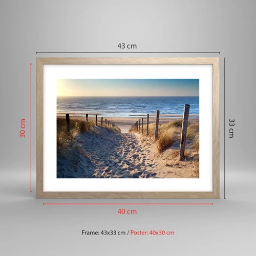 Poster in light oak frame - Sound of the Sea, Singing of the Birds, Wild Beach among Grass - 40x30 cm