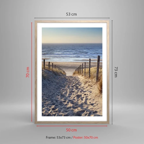 Poster in light oak frame - Sound of the Sea, Singing of the Birds, Wild Beach among Grass - 50x70 cm