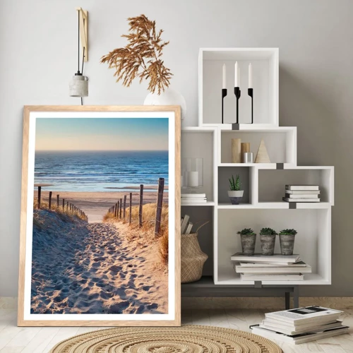 Poster in light oak frame - Sound of the Sea, Singing of the Birds, Wild Beach among Grass - 50x70 cm