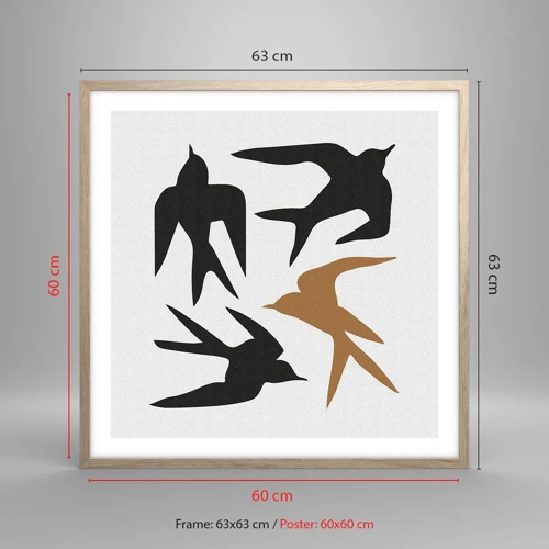 Poster in light oak frame - Swallows at Play - 60x60 cm