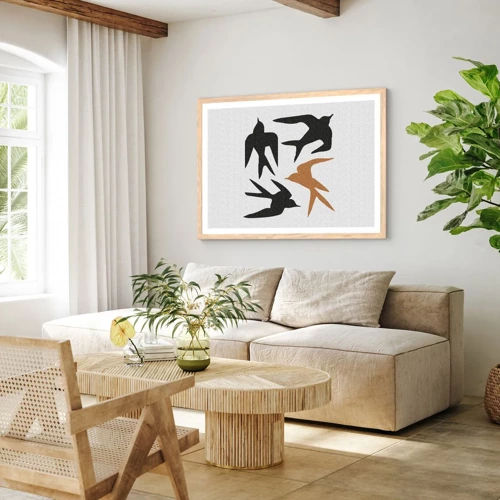 Poster in light oak frame - Swallows at Play - 70x50 cm