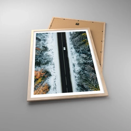 Poster in light oak frame - Through a Wintery Forest - 50x70 cm