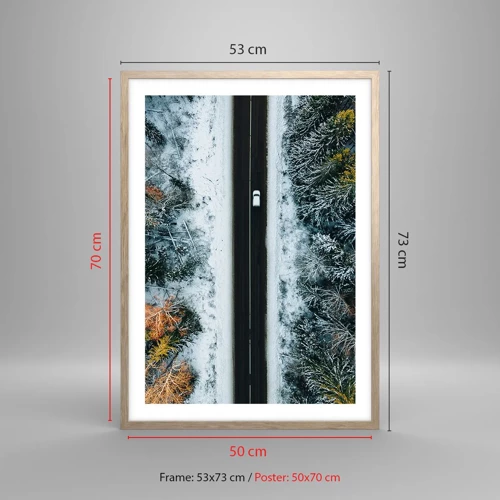 Poster in light oak frame - Through a Wintery Forest - 50x70 cm