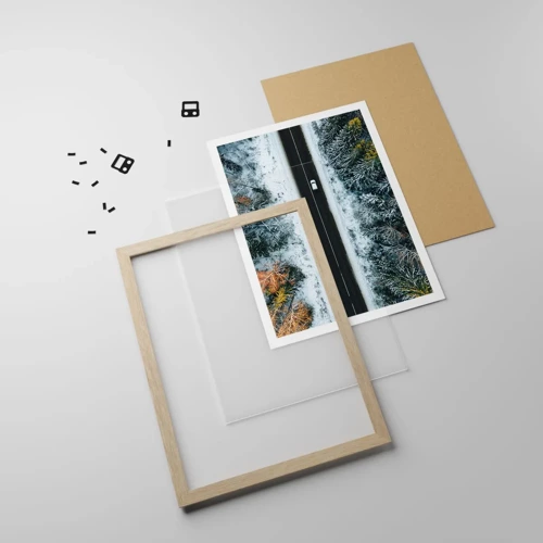 Poster in light oak frame - Through a Wintery Forest - 50x70 cm