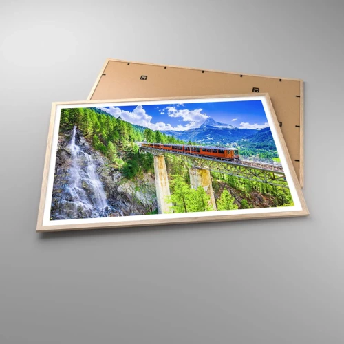 Poster in light oak frame - Train Through the Alps - 100x70 cm