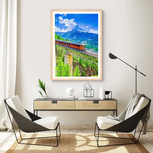 Poster in light oak frame - Train Through the Alps - 40x50 cm