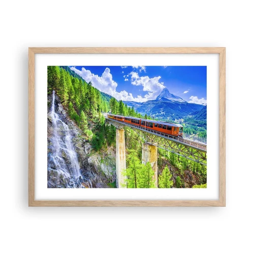 Poster in light oak frame - Train Through the Alps - 50x40 cm