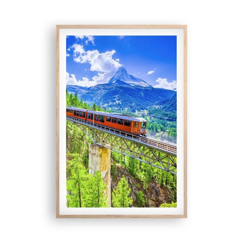 Poster in light oak frame - Train Through the Alps - 61x91 cm