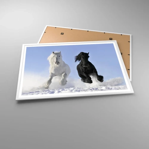 Poster in white frmae - Black and White Gallop - 100x70 cm