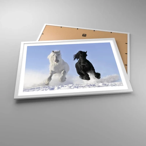 Poster in white frmae - Black and White Gallop - 70x50 cm