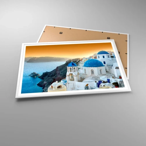 Poster in white frmae - Santorini - Snuggling up to the Rocks - 100x70 cm