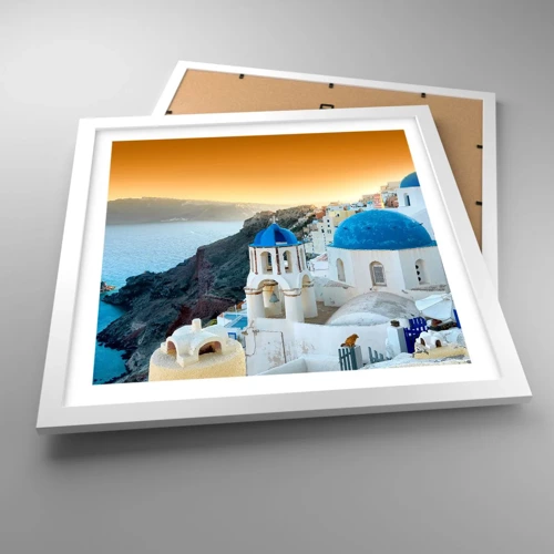 Poster in white frmae - Santorini - Snuggling up to the Rocks - 40x40 cm