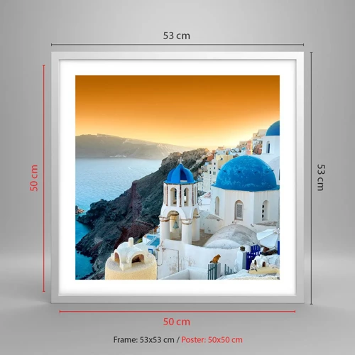 Poster in white frmae - Santorini - Snuggling up to the Rocks - 50x50 cm