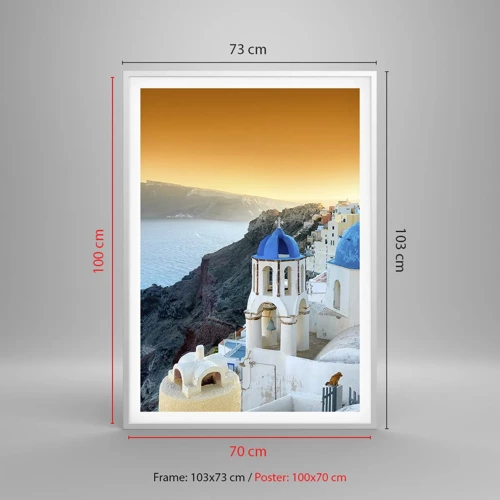 Poster in white frmae - Santorini - Snuggling up to the Rocks - 70x100 cm