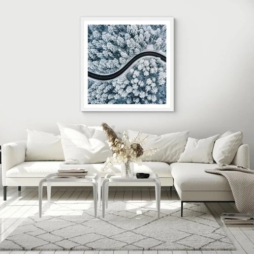 Poster in white frmae - Through Wintery Forest - 50x50 cm