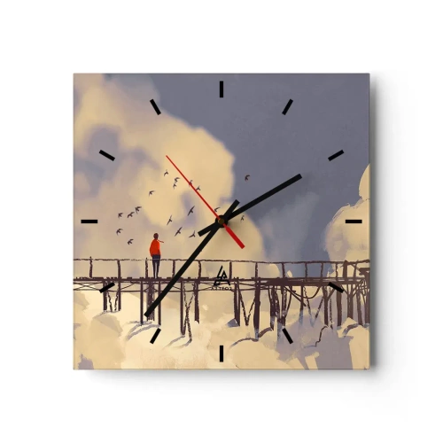 Wall clock, Clock Arttor 30x30 cm - Blue Longing - Abstraction, Bridge, Clouds, The Birds, Illustration, Square, Clock face with lines, For living-room, For bedroom, White, Blue, C3AC30x30-3200